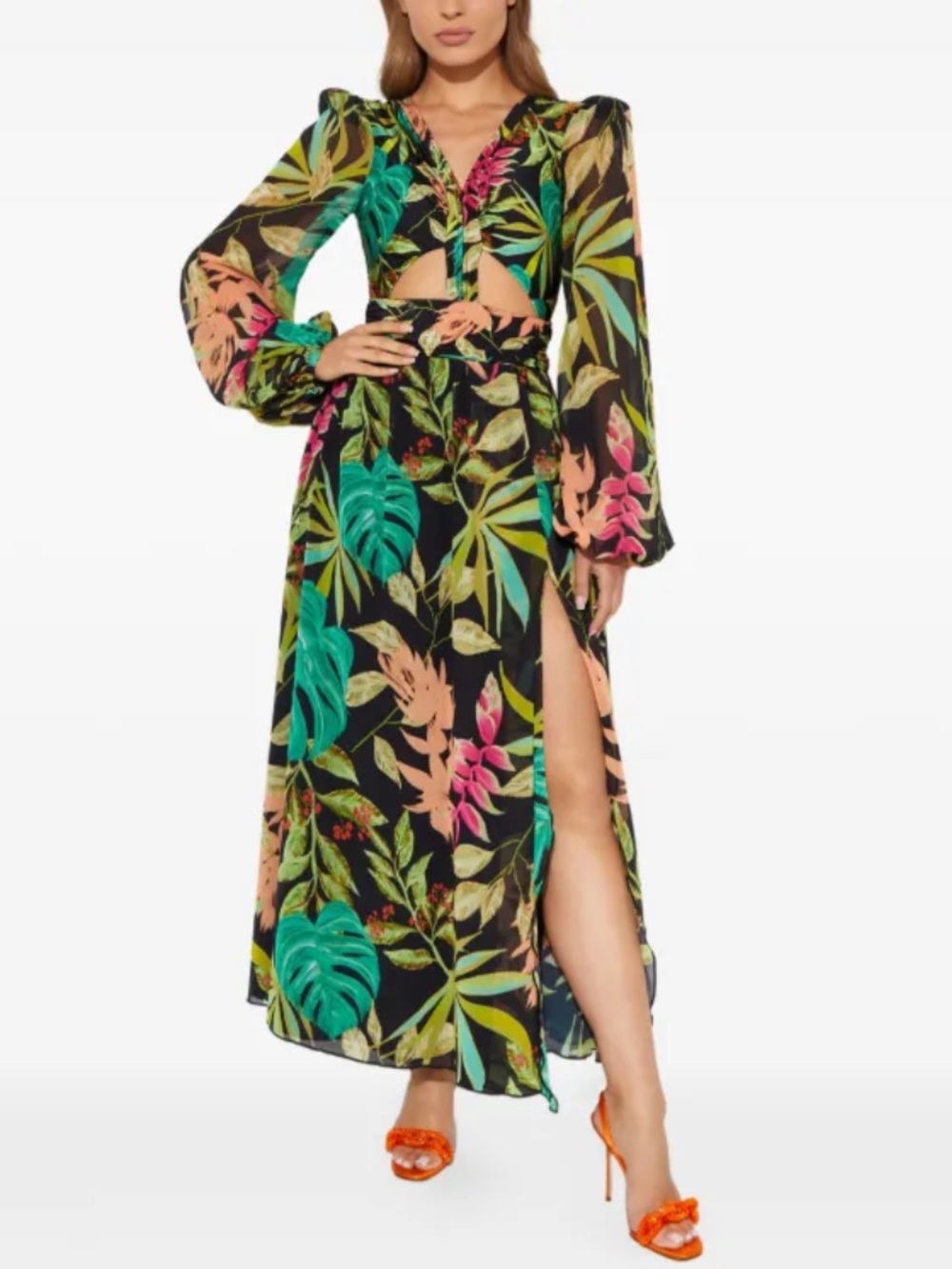 NWT PatBo Tropicalia Cut Out Maxi Dress in Black Multi